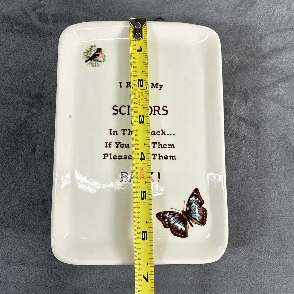 Vtg Ceramic Wall Pocket Scissors Holder Bird and Butterfly Design 6.5